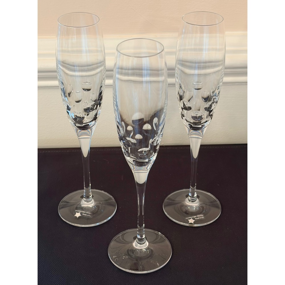 Rogaska Celebration crystal disco beat Champagne Flutes Set of 3 Made In EU